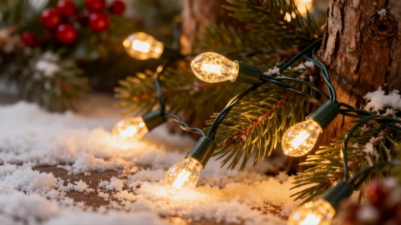 雪地松枝灯串温暖光景图片