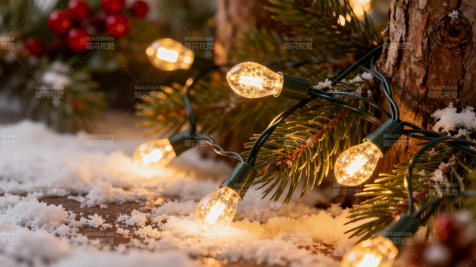 雪地松枝灯串温暖光景图片