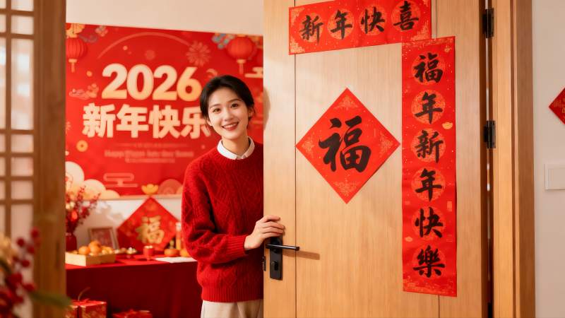 新年装饰门前微笑女子图片