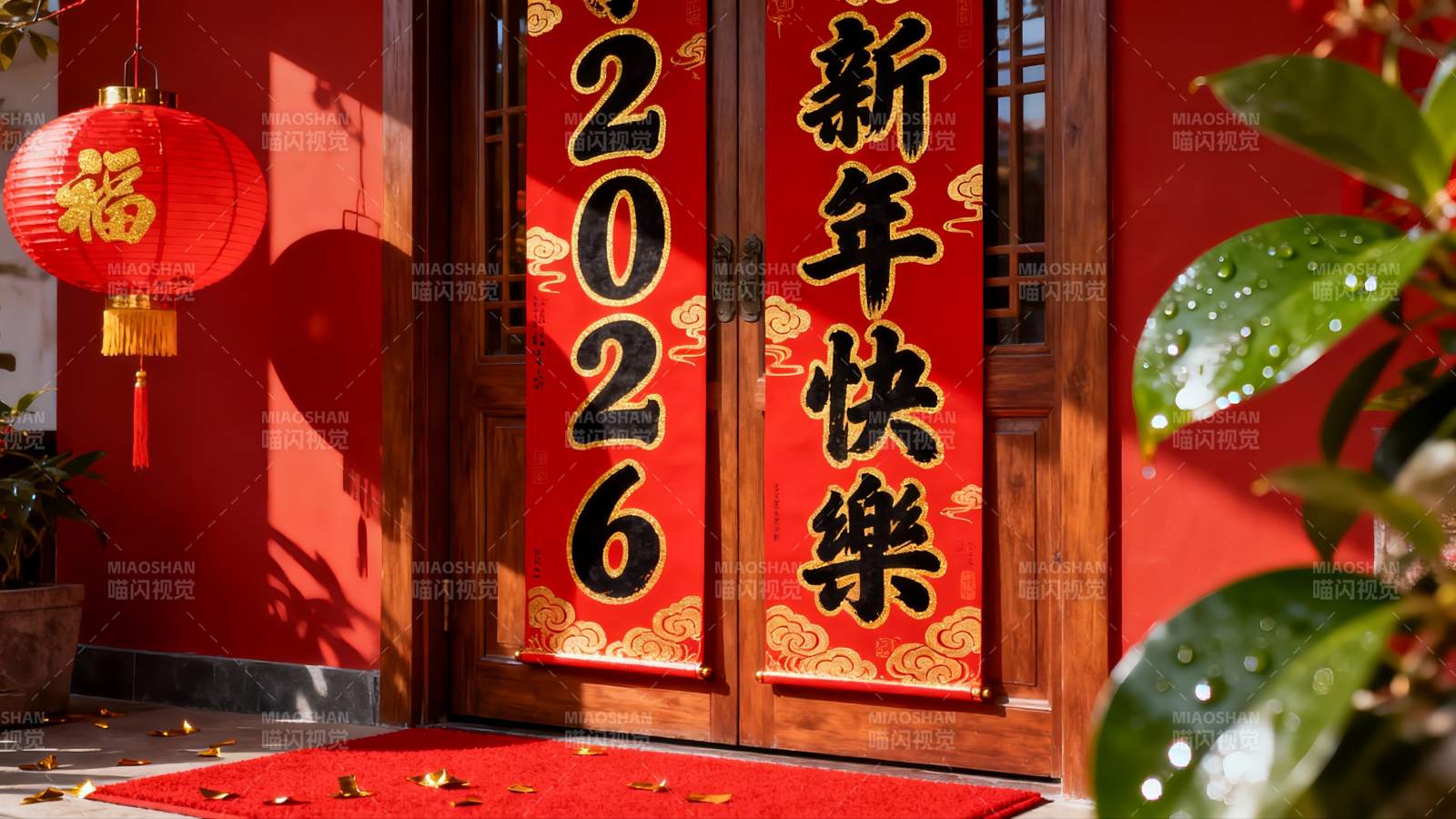 春节红门福字灯笼喜庆场景图片