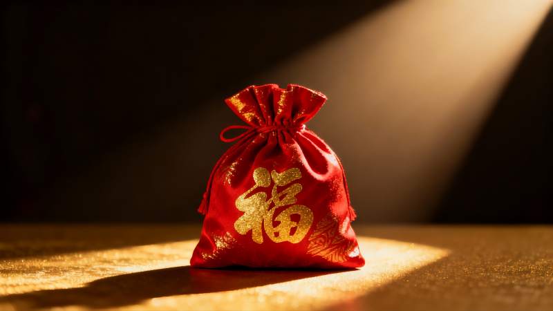 红色福袋光影特写图片