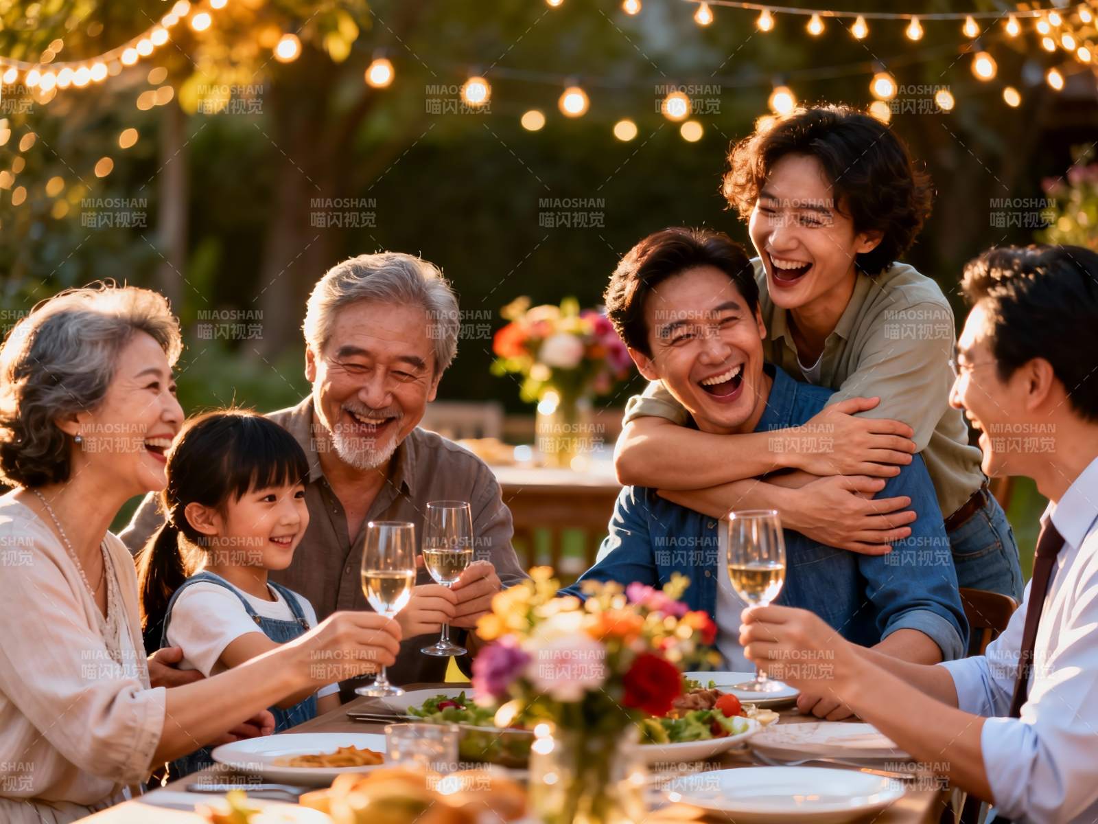 温馨家庭户外聚餐欢笑场景图片