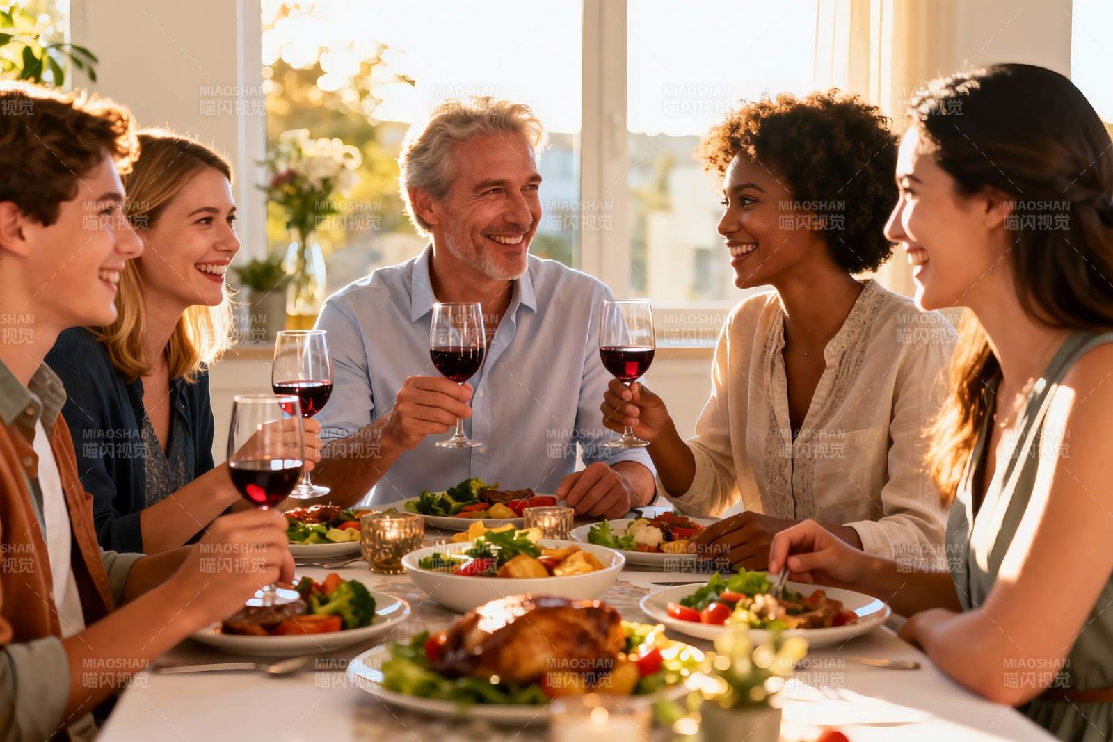 多人聚餐欢笑举杯共享美食图片