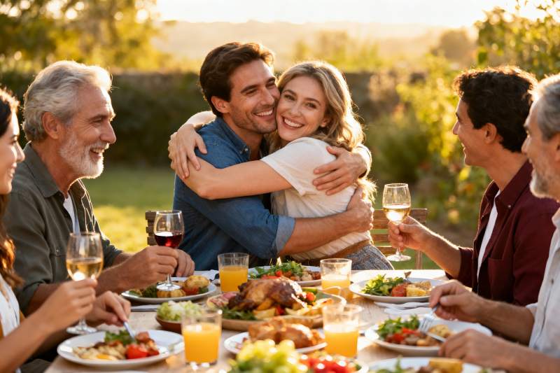 夕阳下家人朋友户外聚餐拥抱图片