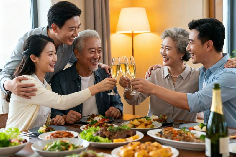 三代同堂家庭聚餐举杯欢庆图片