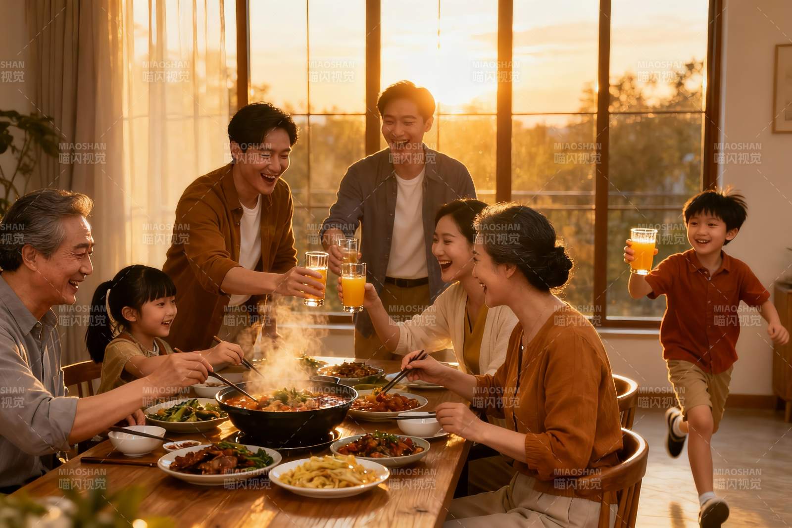 温馨家庭聚餐夕阳下欢声笑语图片