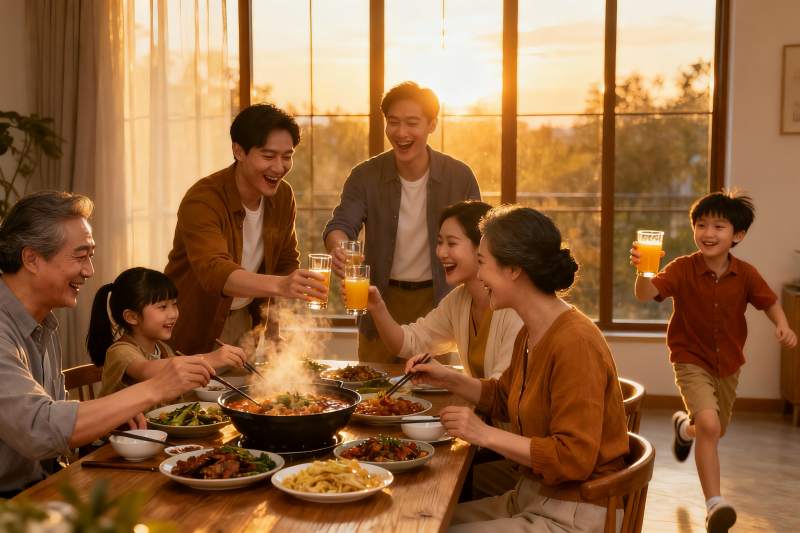 温馨家庭聚餐夕阳下欢声笑语图片