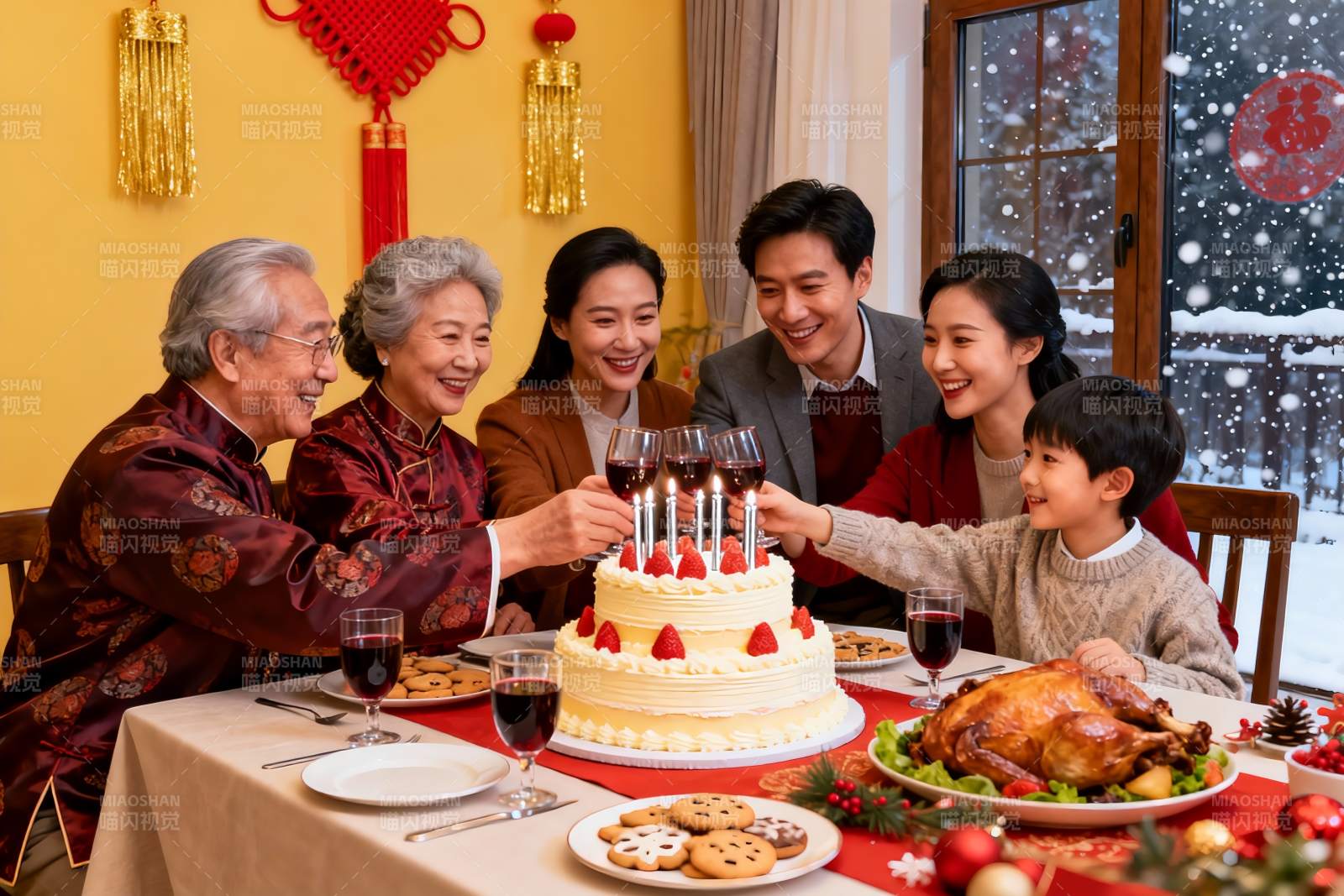 家庭欢聚庆生共饮香槟图片