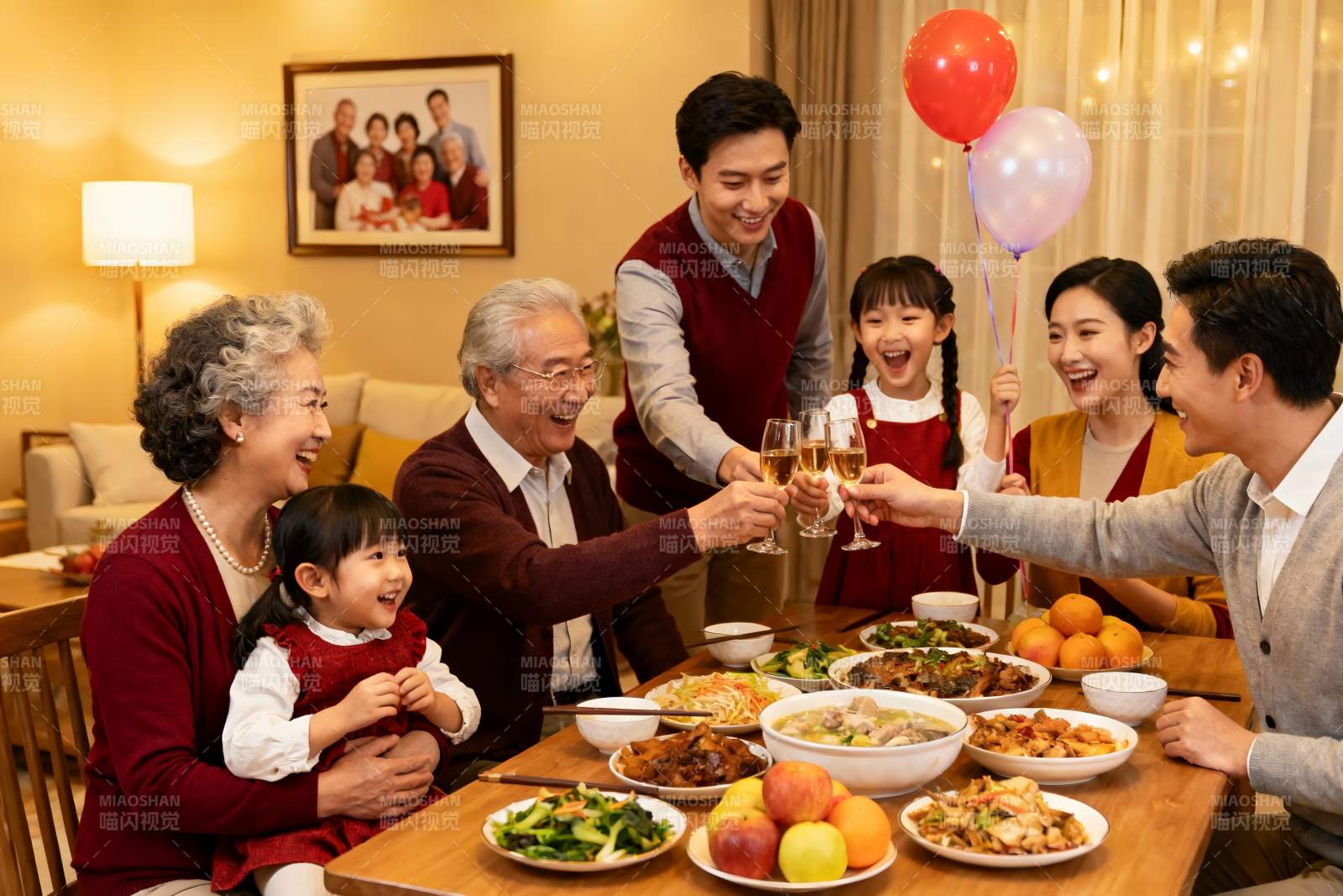 三代同堂家庭聚餐举杯欢庆图片