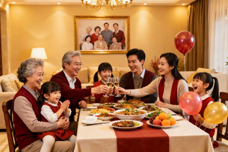 温馨家庭聚餐举杯欢庆图片