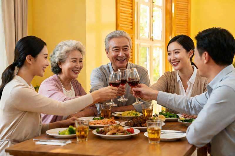 三代同堂家庭聚餐举杯欢庆图片
