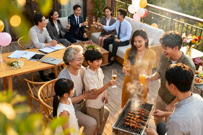 家庭户外烧烤聚会欢乐场景图片