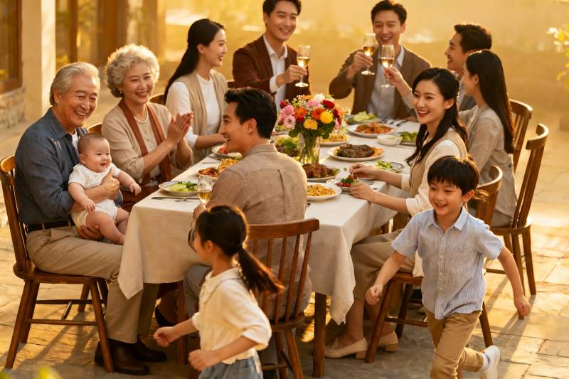 三代同堂户外聚餐其乐融融图片