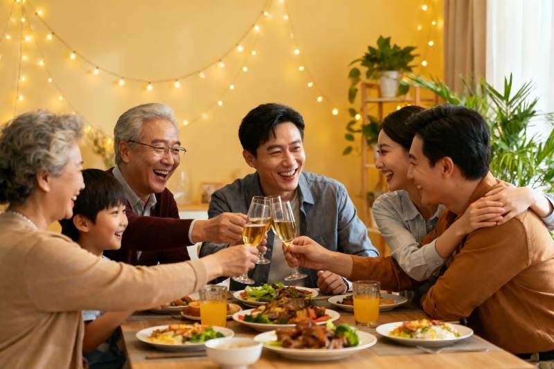 温馨家庭聚餐举杯欢庆图片