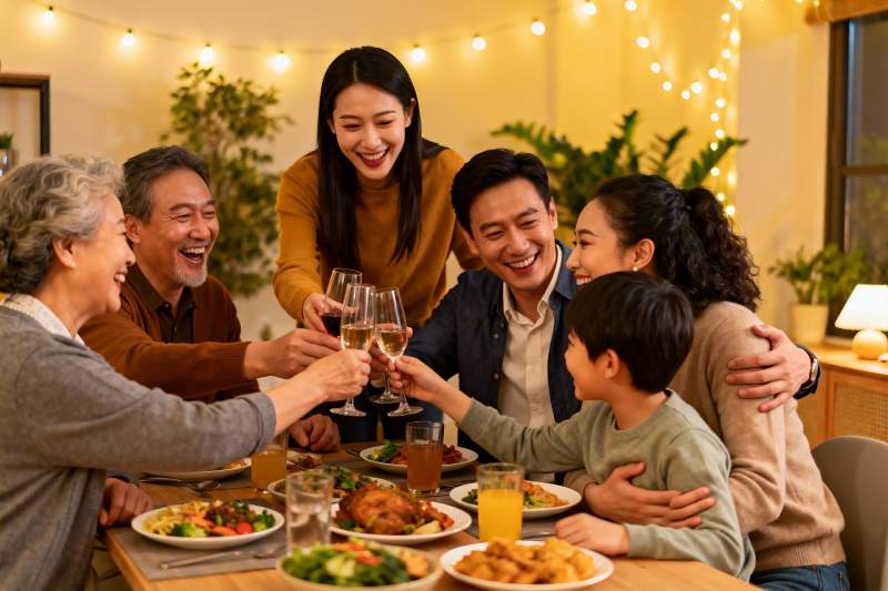 温馨家庭聚餐举杯欢庆图片
