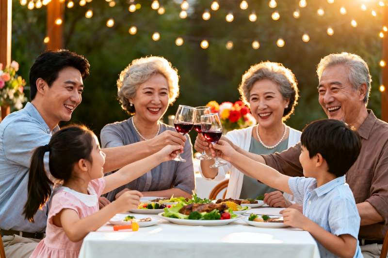 三代同堂户外聚餐举杯欢庆图片