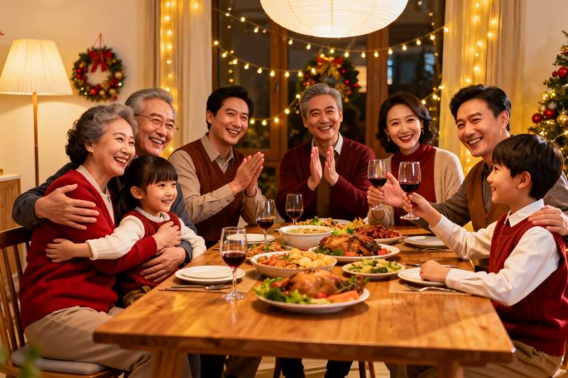 温馨家庭圣诞聚餐场景图片