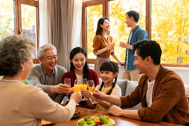 三代同堂家庭聚餐举杯欢庆图片