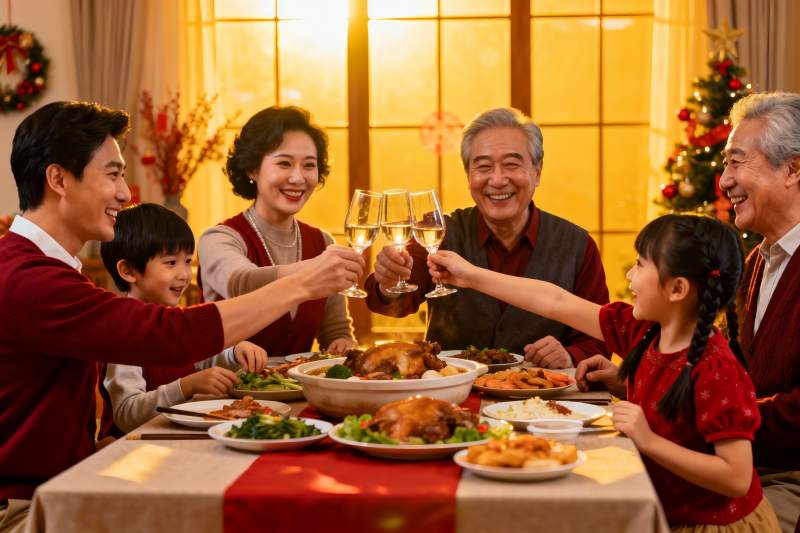 温馨家庭圣诞聚餐举杯欢庆图片