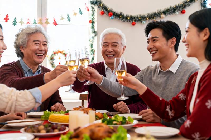 家庭圣诞聚餐举杯欢庆图片