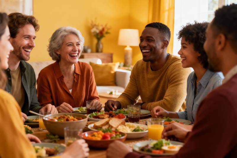 多人围坐餐桌欢笑聚餐图片