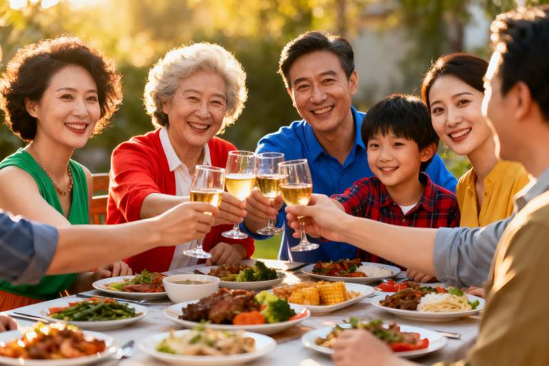 三代同堂户外聚餐举杯欢庆图片