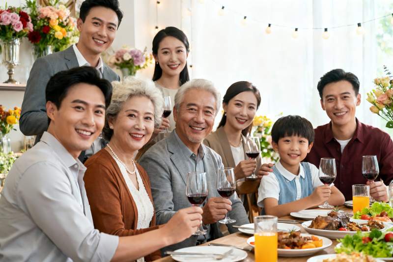 三代同堂家庭聚餐举杯欢庆图片