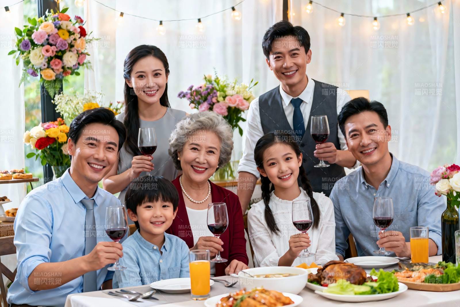 三代同堂家庭聚餐举杯欢庆图片