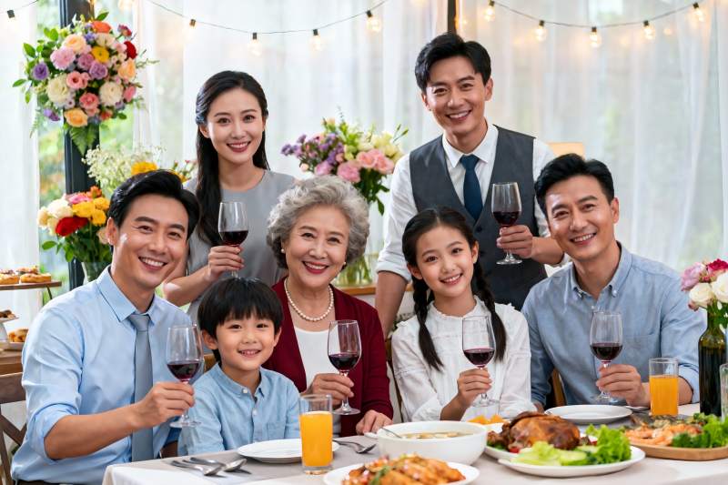 三代同堂家庭聚餐举杯欢庆图片