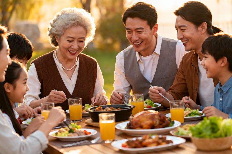 三代同堂户外聚餐其乐融融图片