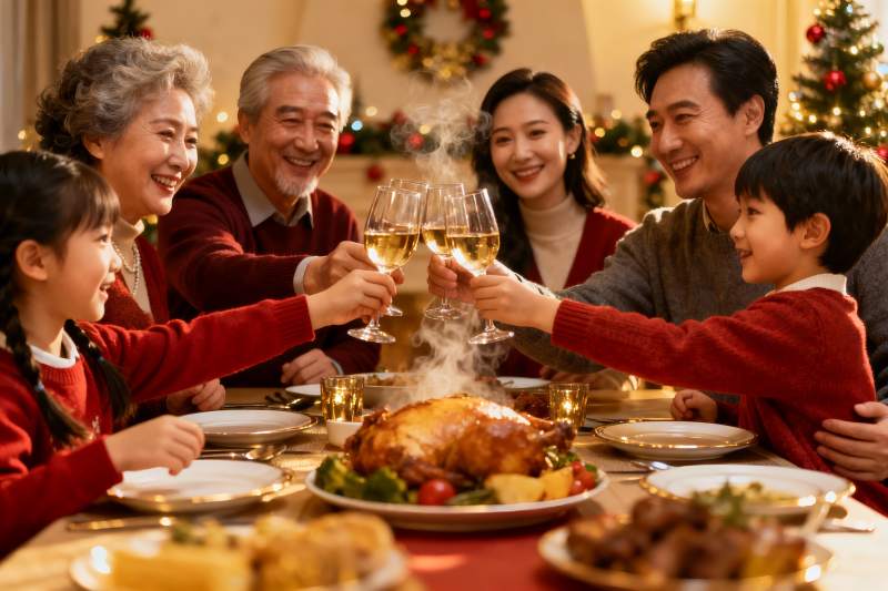 圣诞家庭聚餐举杯欢庆图片