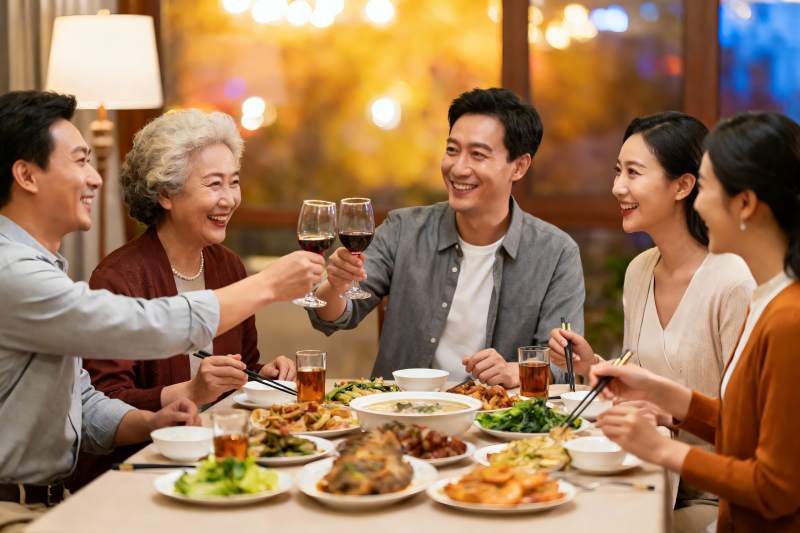 三代同堂家庭聚餐举杯欢庆图片