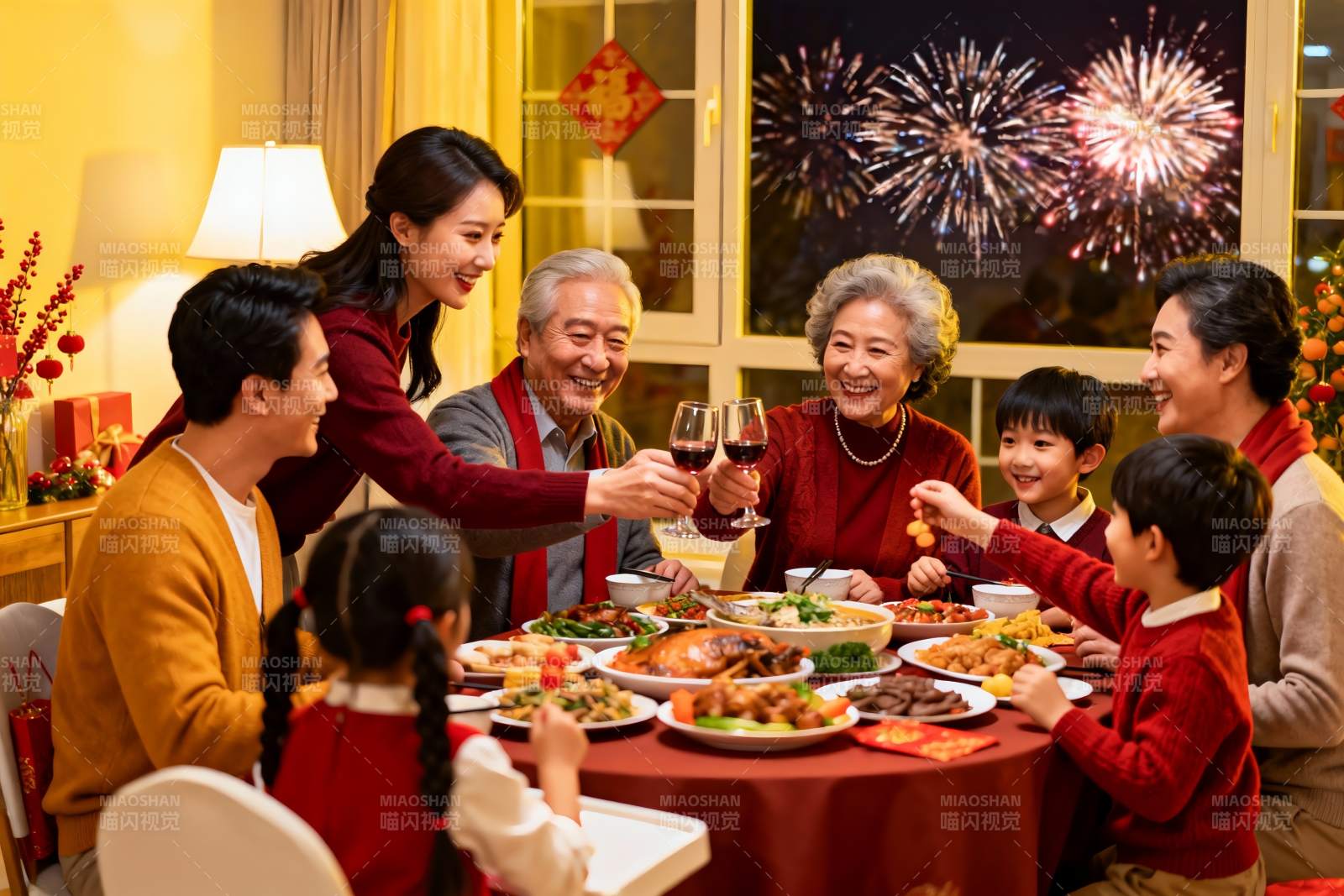 春节家庭聚餐举杯庆团圆图片