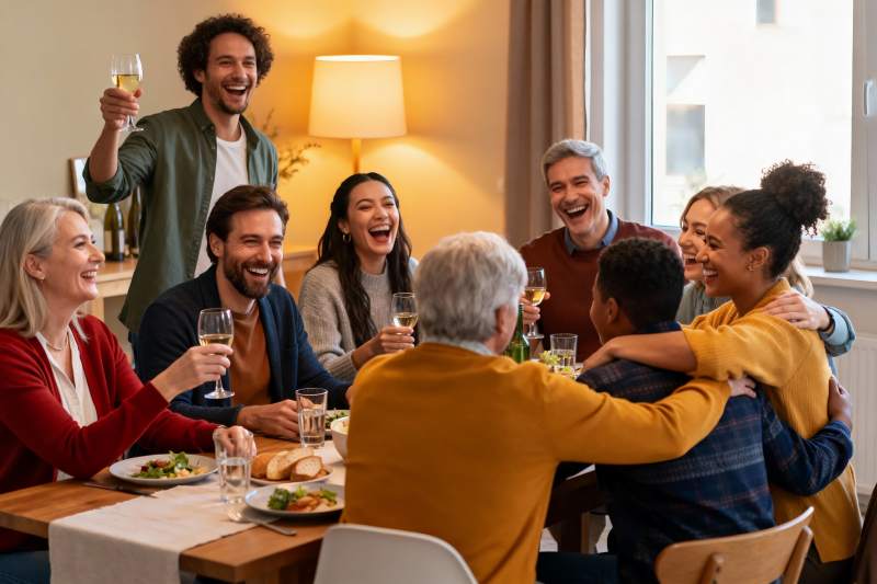 家庭聚会欢笑举杯温馨场景图片