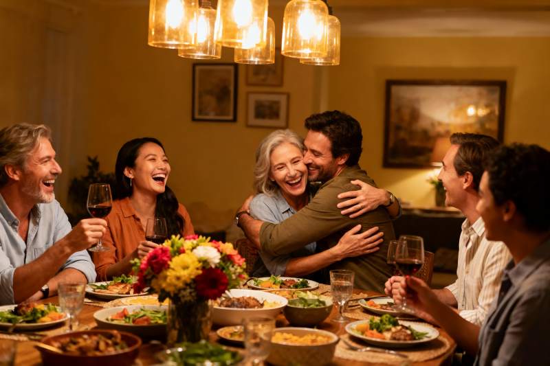 家庭聚餐欢笑拥抱温馨场景图片