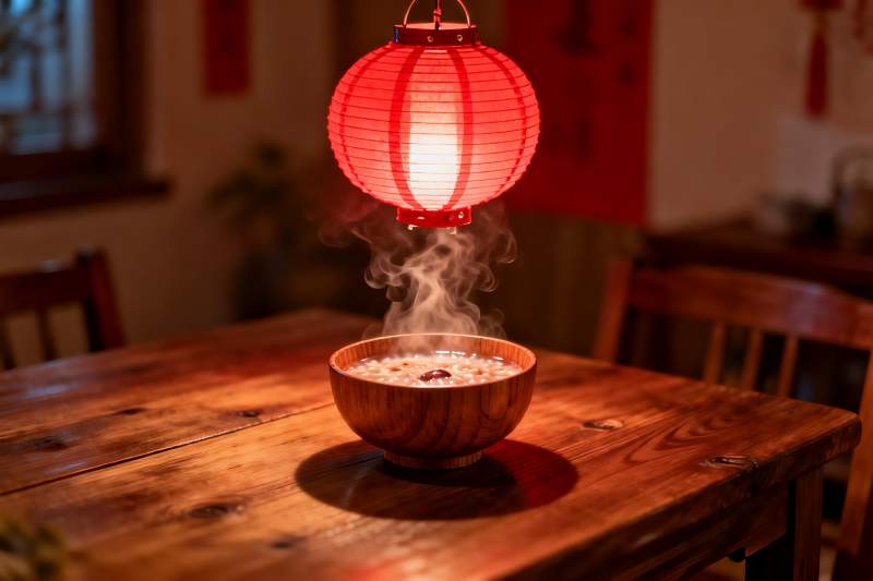 红灯笼下热气腾腾的木碗图片