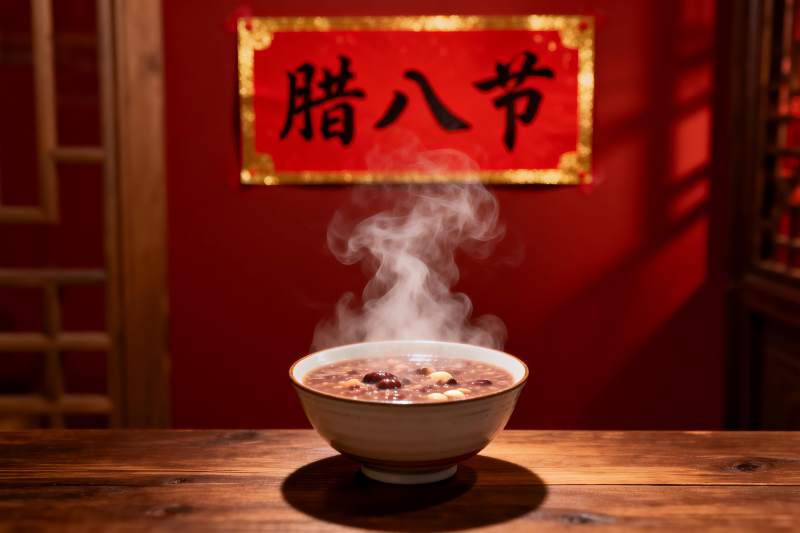 热气腾腾腊八粥配红色背景图片