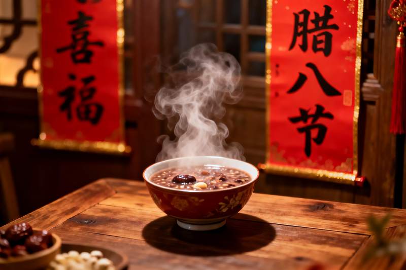 热气腾腾的腊八粥与传统对联图片