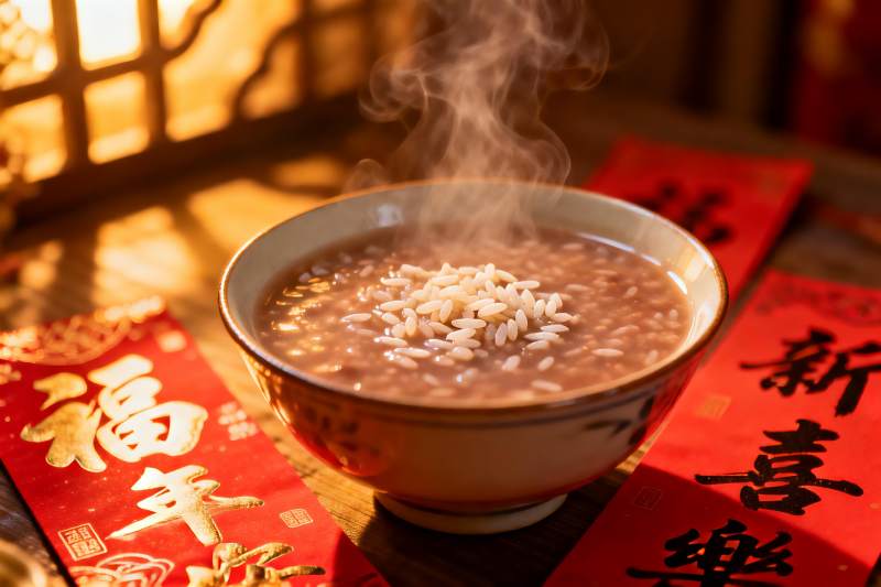 热气腾腾的粥配新年对联图片