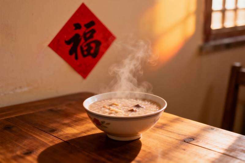 热气腾腾的粥与福字装饰图片