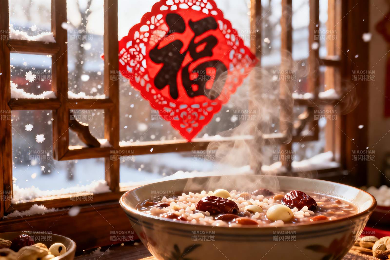 窗前热粥雪景温馨图片