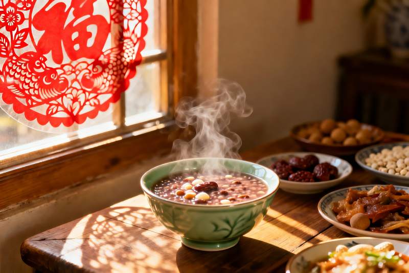 窗边热气腾腾的粥与年味装饰图片