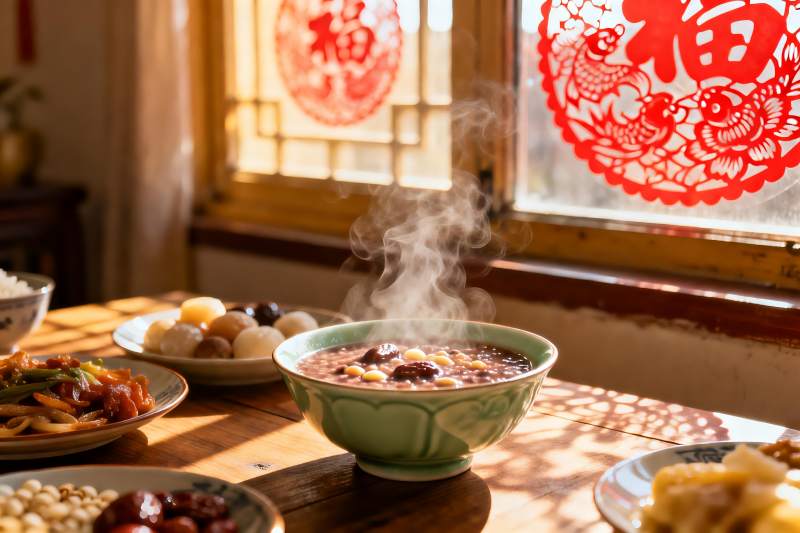 春节窗前热气腾腾的家常美食图片