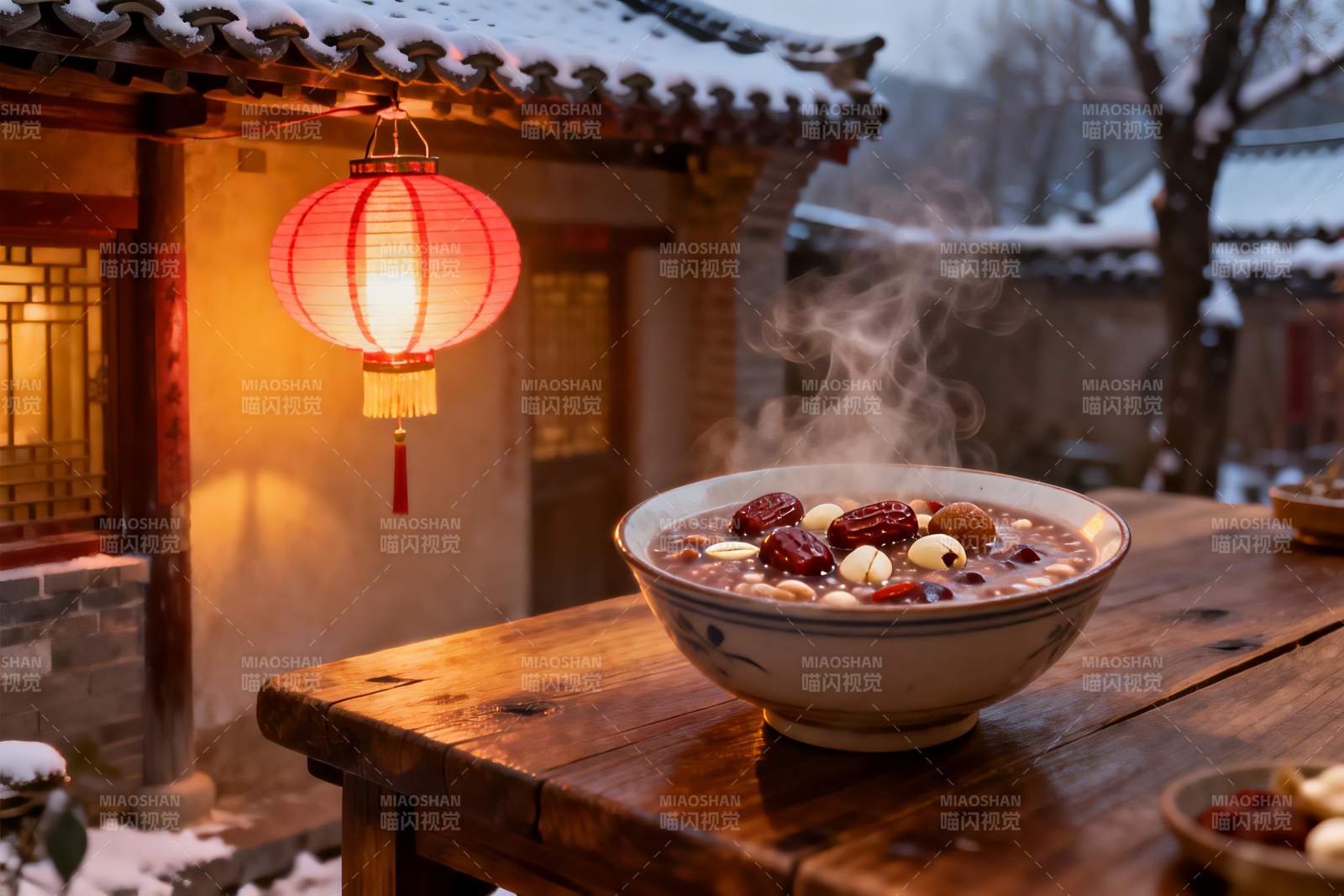 雪夜古院热粥暖人心图片