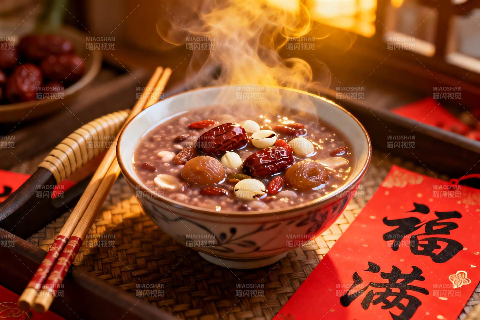 热气腾腾的八宝粥配红福字图片