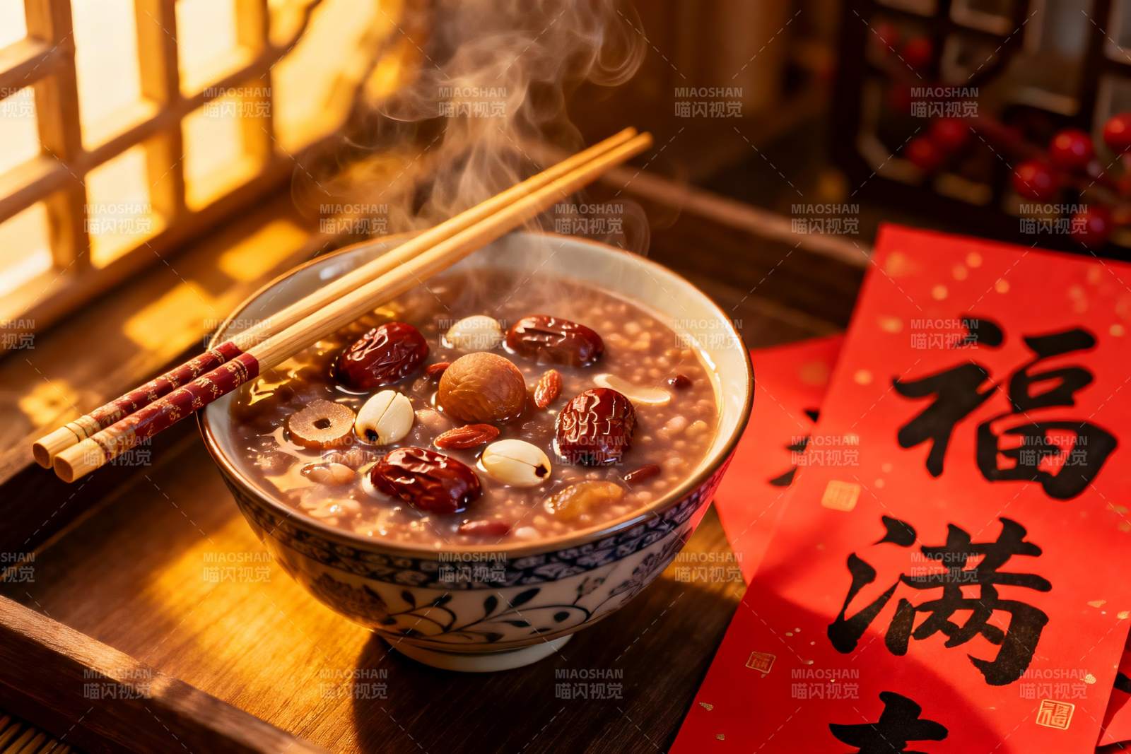热气腾腾的八宝粥配春联图片
