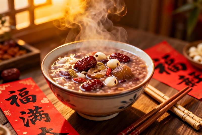 热气腾腾的八宝粥配春联图片