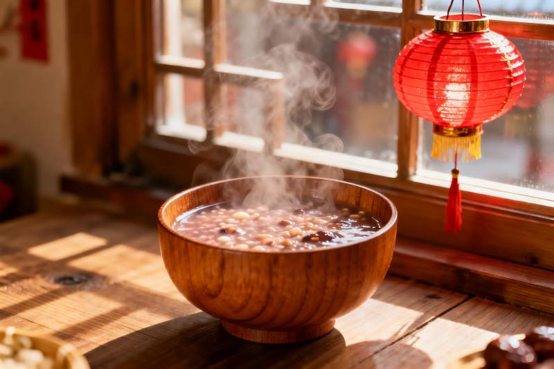 热气腾腾的木碗粥与红灯笼图片