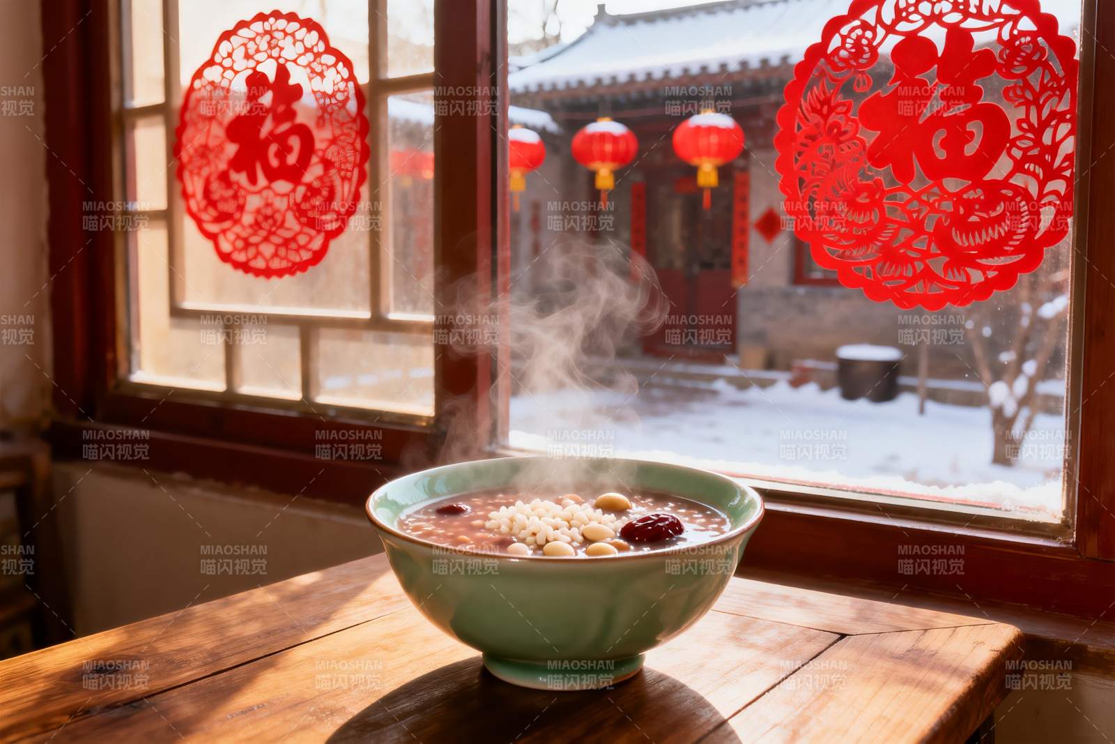 窗边热粥映雪景图片