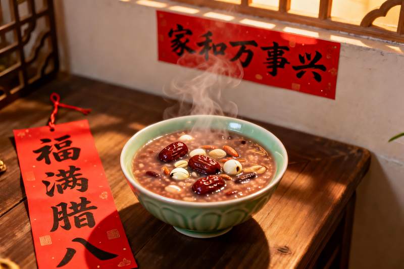 热气腾腾的腊八粥与新年装饰图片